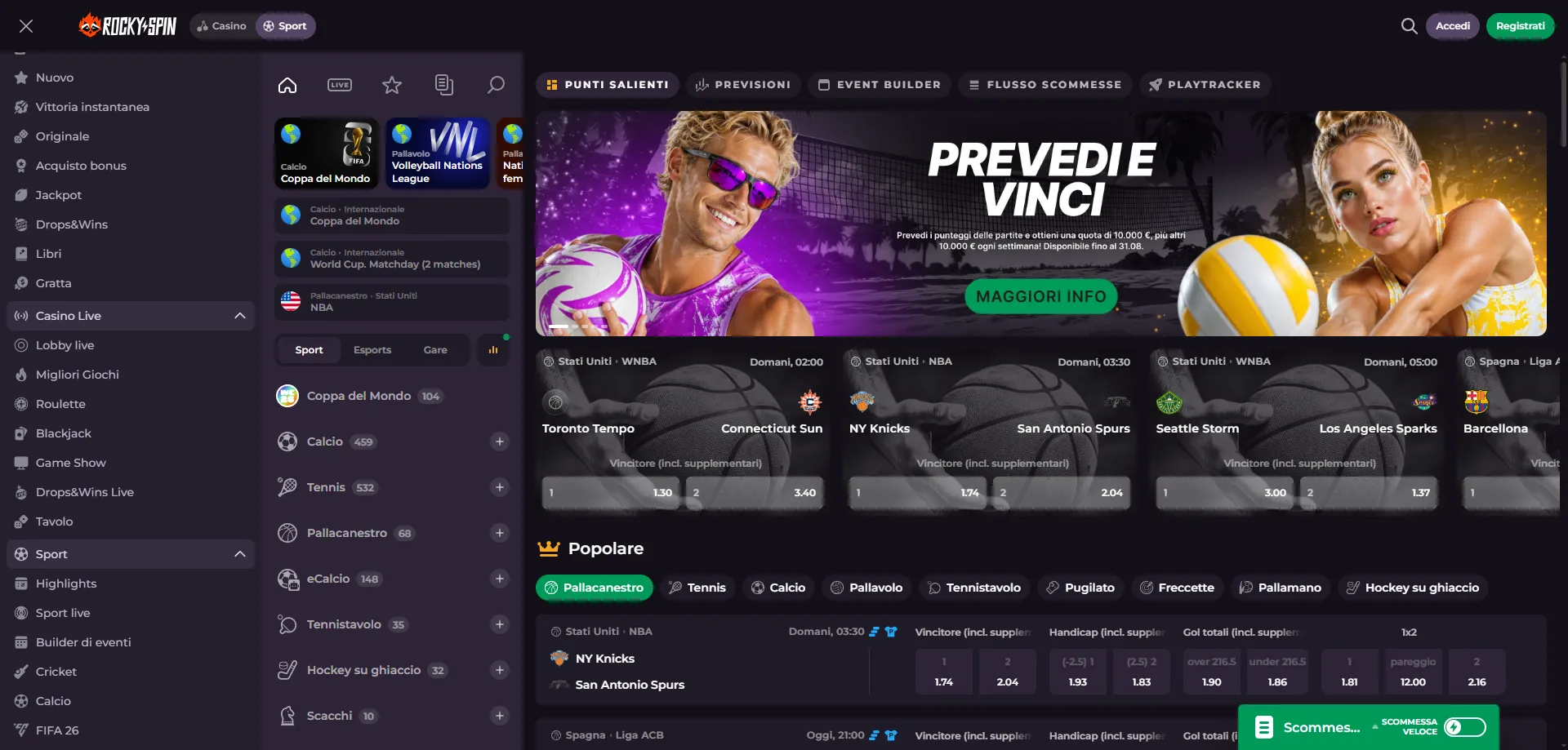 RockySpin Casino scommesse sportive calcio basket e live betting