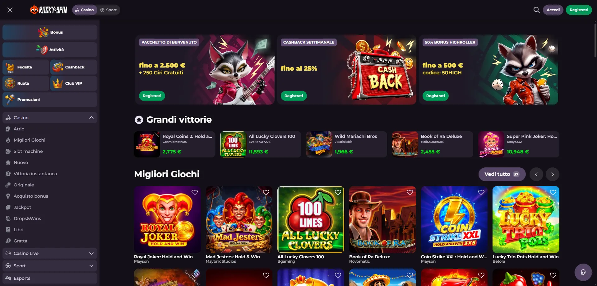 Migliori giochi su RockySpin Casino slot e tavoli live